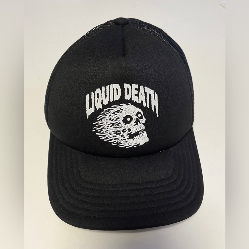 Liquid Death Black/White Skull Logo Mesh Snapback Trucker Yupoong Hat Cap